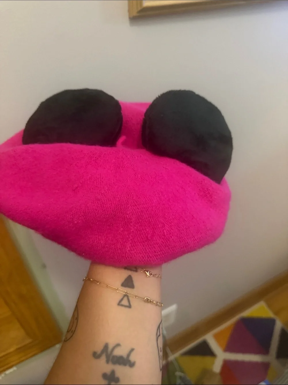 Bright Pink Beret with Black Mickey Ear Detail